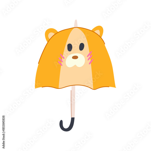 Orange cartoon animal umbrella illustration featuring a smiling face, expressive eyes, and soft pink cheeks, representing playful protection from rain and bad weather outdoors