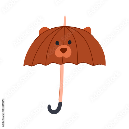 Cute brown umbrella presenting a cheerful bear face with small ears, offering playful protection from rain and bad weather with its charming, whimsical flat design, ideal for children concepts