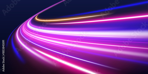 Neon streams twist across a dark city skyline, glowing with electric energy. Sparks and trails emphasize speed. Perfect for futuristic tech visuals.