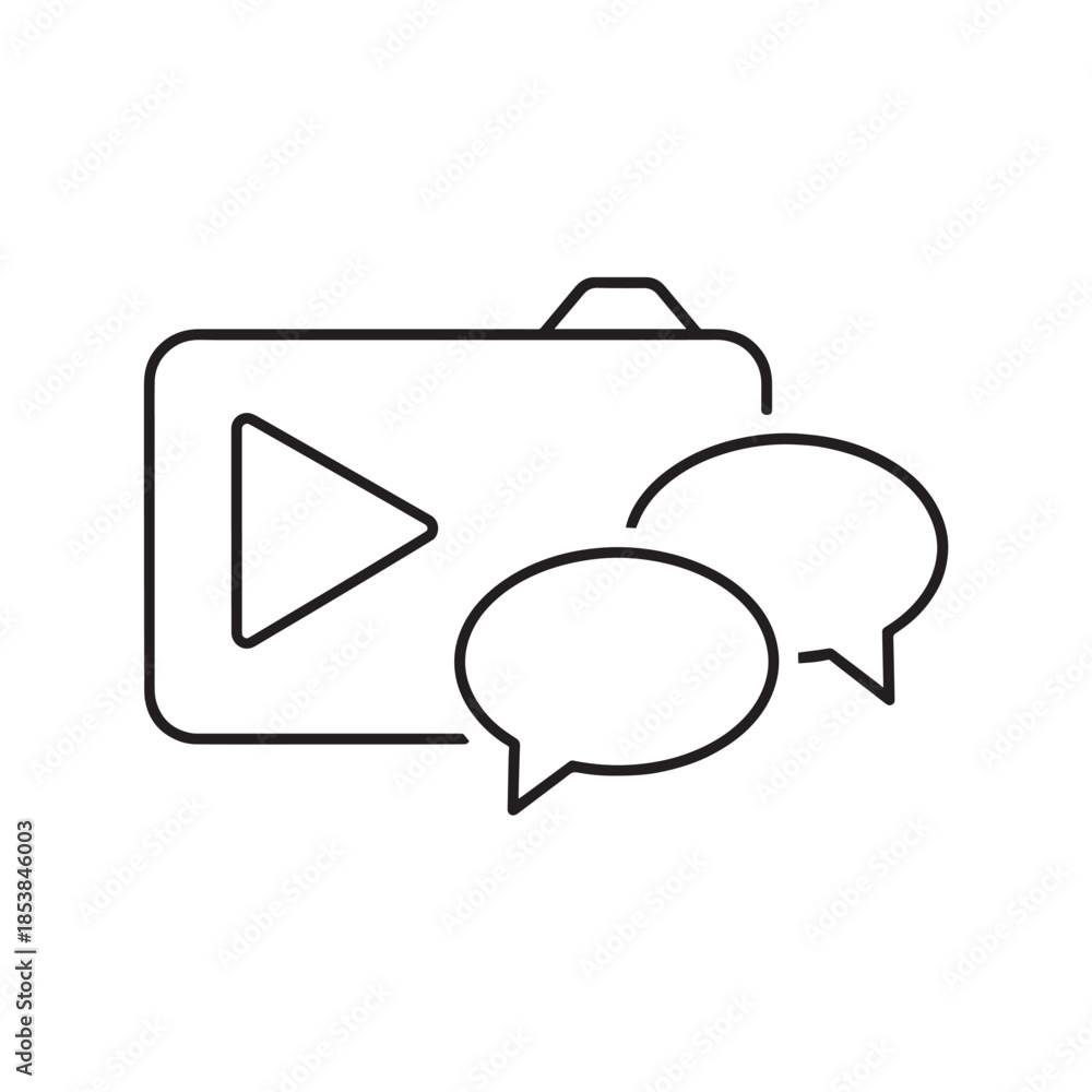 Fototapeta premium Minimal line art illustration of a video player with chat bubbles representing video, messaging, and collaboration.