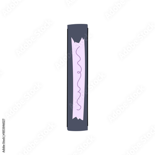 Obsolete vhs cassette with a simple purple hand drawn label and squiggly line, retro home video icon evoking analog media nostalgia, 80s90s vintage recording memory