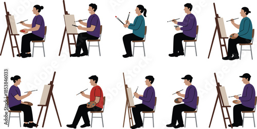 Silhouette group of diverse artists painting on canvases, creative art class workshop, people with brushes and palettes, artistic expression illustration