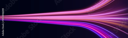 Vibrant light trails curve along a digital grid, showing dynamic motion. Sparks highlight the path. Ideal for sci-fi and tech backgrounds.