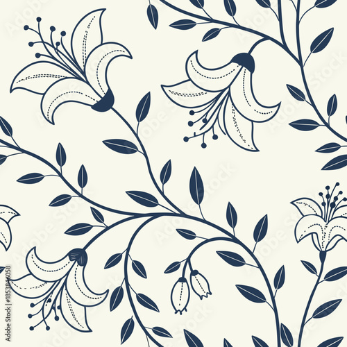 Seamless Navy Blue Lily Floral Pattern on Cream Background Vector