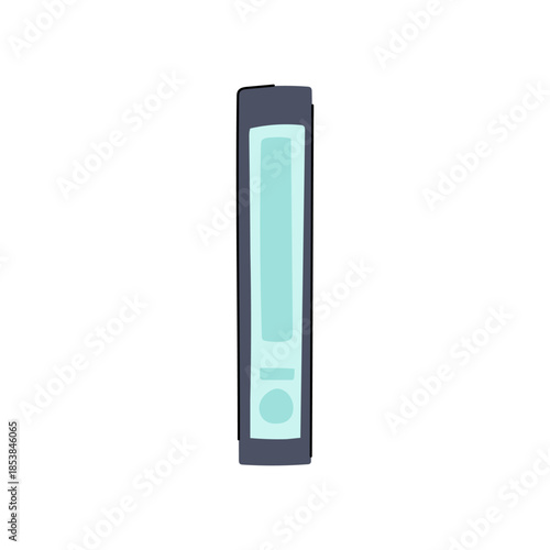 Dark gray and light blue video cassette spine standing vertically, representing retro analogue television and movie entertainment from the 80s and 90s media era