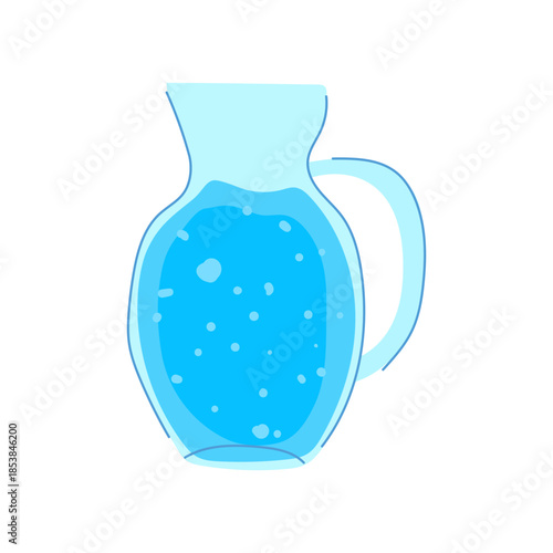 Water pitcher with a glass like appearance containing refreshing blue liquid and sparkling bubbles, representing hydration, health, and clean drinking water as a clear, simple illustration