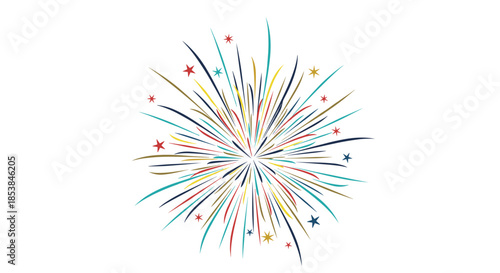 Burst of colorful fireworks with stars radiates outward in a celebration display for holidays like New Year or Independence Day.