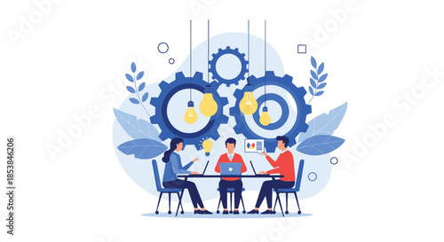 Creative team sits around a table with laptops to brainstorm ideas under floating light bulbs and large gears for innovative solutions.