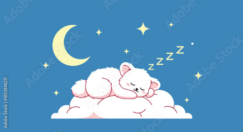 Cute white bear cub sleeps peacefully on a fluffy cloud under a crescent moon and twinkling stars in a dreamy night sky.