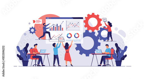 Diverse team of professionals works together on a large dashboard with charts and gears to manage complex business processes and data.