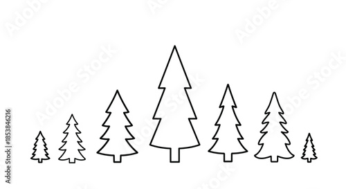 Row of various sized evergreen pine tree silhouettes is presented in a simple black and white line art style for nature or winter motifs.