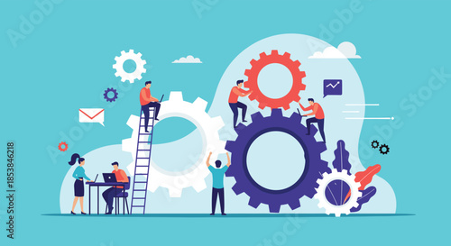 Group of people collaborates by climbing and turning massive gears to illustrate business mechanics, industrial synergy, and teamwork.