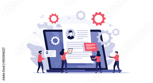 Team of professionals collaborating on a digital recruitment process by analyzing a resume shown on a large laptop screen with gears.