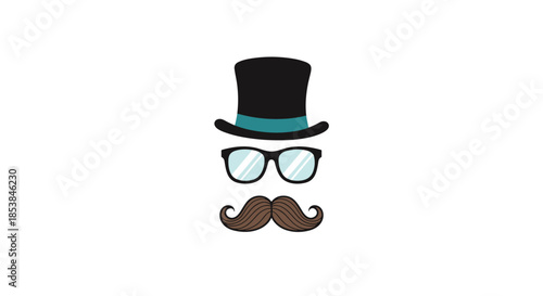 Minimalist gentleman character icon featuring a black top hat with a teal band, stylish glasses, and a classic brown handlebar mustache.