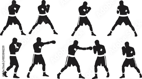 Silhouette of boxer training, boxing poses, fighting stances, martial arts workout, power, strength, sport, athlete, discipline, combat, energy, fitness