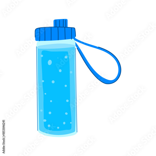 Blue reusable water bottle holding sparkling blue liquid, featuring a matching cap and convenient carrying strap, symbolizing health, fitness, and staying hydrated