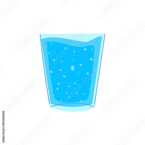 Glass of sparkling blue water offering a refreshing drink, portraying health, purity, and wellbeing concept with its simple, clean, and stylized bubbly liquid on a white background