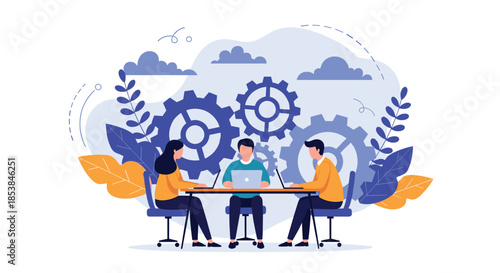 Professional business team collaborating on a project with laptops in a creative workspace featuring large blue gears and foliage decor.