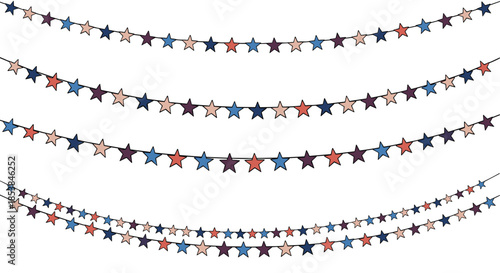 Decorative star garlands in muted peach, blue, and purple tones hanging in four rows against a clean white background for celebration.