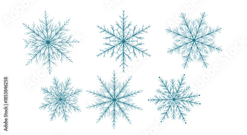 Collection of six unique blue snowflake designs with intricate crystalline patterns isolated on a white background for winter theme.