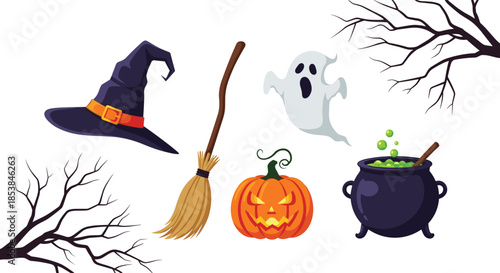 Set of traditional Halloween symbols including a witch hat, broomstick, spooky ghost, carved pumpkin, and a boiling cauldron with potion.