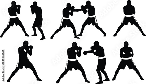 Silhouette of boxer training, boxing poses, fighting stances, martial arts workout, power, strength, sport, athlete, discipline, combat, energy, fitness