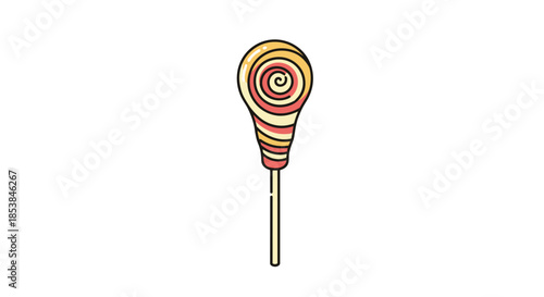 Tall swirled lollipop treat featuring a colorful pattern of red, yellow, and orange stripes on a wooden stick against white background.