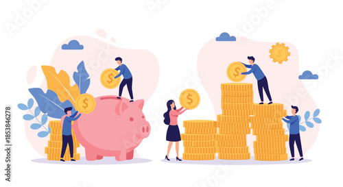 Group of people collaborating on financial growth by saving money in a giant pink piggy bank and stacking golden dollar coins.