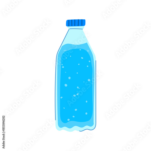 Plastic bottle filled with clear blue water with bubbles, representing refreshing beverages, hydration, and promoting a concept of healthy living and eco friendly choices