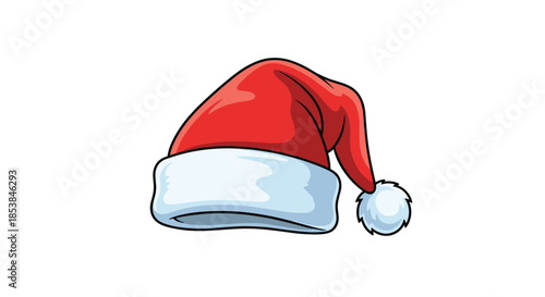 Classic red Santa Claus hat with a white fluffy fur trim and pom-pom isolated on a white background for Christmas holiday themes.