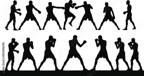 Silhouette of boxer training, boxing poses, fighting stances, martial arts, strength, power, fitness, workout, sport, competition, combat, discipline
