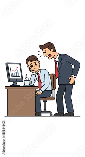 Boss Yelling at Stressed Employee at Desk.