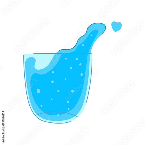 Blue liquid splashes from a drinking glass as a single drop forms a heart shape, symbolizing fresh, pure hydration, refreshing health and love for water