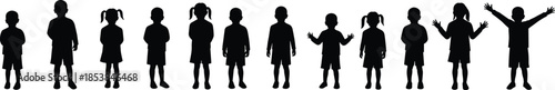 Silhouette of children standing in row, kids group illustration, childhood posture study, body language, youth silhouettes, educational design elements