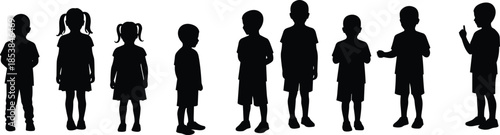 Silhouette of children standing in row, kids group illustration, childhood posture study, body language, youth silhouettes, educational design elements