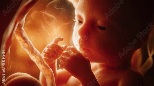 Realistic 3D animation of a human fetus floating in the womb. Unborn baby moving hands near face with umbilical cord visible. Medical visualization of prenatal development and pregnancy
