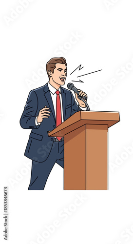 Man in suit giving a speech at a podium with microphone.