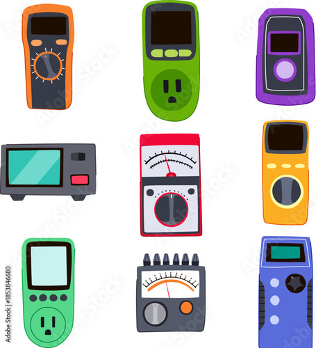 Group of stylized electrical testing instruments and power consumption meters on a white background, demonstrating concepts of energy management, analysis, and household efficiency