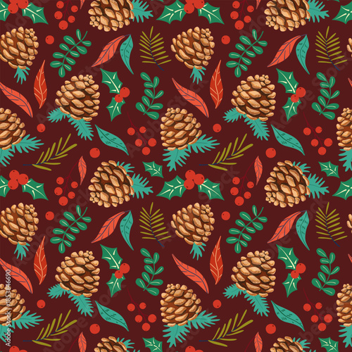 Winter botanical vector seamless pattern. Forest pine cones and seasonal greenery on dark burgundy red background. Christmas repeat tile with holly leaves, red berries, twigs, teal and red leaves