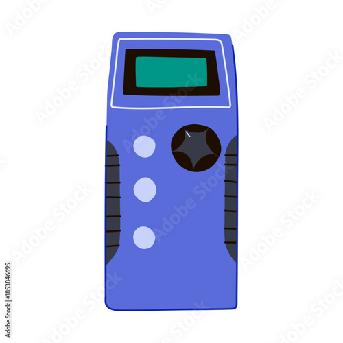Portable digital multimeter with rotary dial and buttons, measuring voltage, current and resistance, flat vector illustration on white background for electronics testing