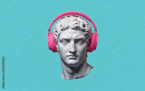 Classical sculpture wearing modern pink headphones on blue-green background