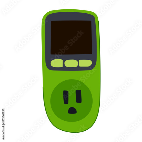 Green electronic watt meter with digital display showing appliance power consumption and usage data, ideal for home energy monitoring, cost tracking and efficiency savings