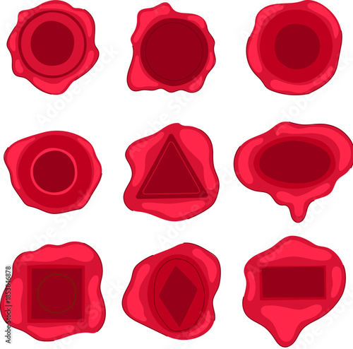 Collection of red sealing wax imprints, featuring various geometric shapes and blank designs perfect for adding a touch of authenticity, security, or vintage flare to documents and communication