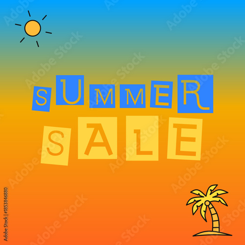 Summer sale promotional banner template with colorful paper cut typography and tropical beach elements on sunset gradient background