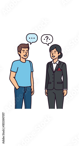 Two people engaged in conversation with speech bubbles above their heads.