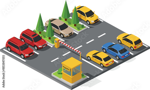 Isometric Parking Lot Illustration Vector with Ticket Barrier, Booth, and Multiple Cars, Showing Urban Transportation Infrastructure and Vehicle Management System on White Background.