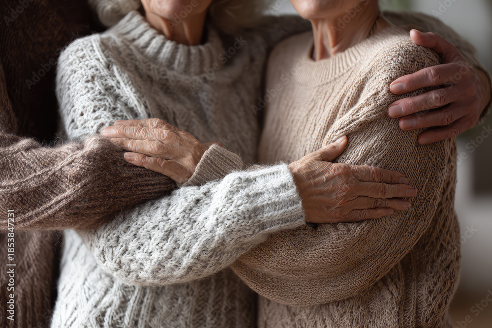 Fototapeta premium Cropped shot showing warm affectionate embrace between senior adult siblings hugging loving elderly parents wearing cozy knit sweater enjoying happy reunion and bond