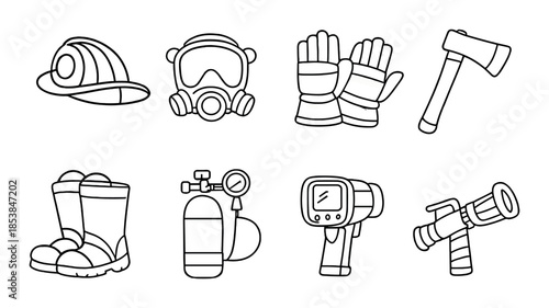 Monochrome firefighter gear illustration with helmet, axe, gloves, boots, and equipment icons