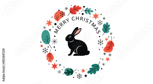 Festive "Merry Christmas" wreath beautifully composed of colorful leaves, red berries, delicate snowflakes, and twinkling stars, centered with a charming black rabbit on a white background.
