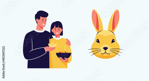 Unique dual illustration presenting a happy couple enjoying a meal from bowls alongside a separate, cheerful yellow rabbit head, suitable for diverse holiday or food-related themes.